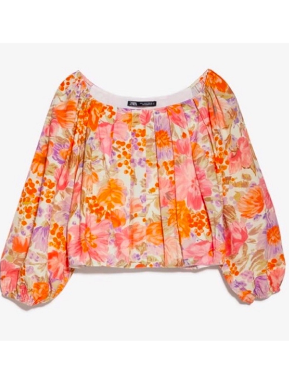 Zara Cropped Floral Pleated Blouse in Coral, Orange, Purple, Cream